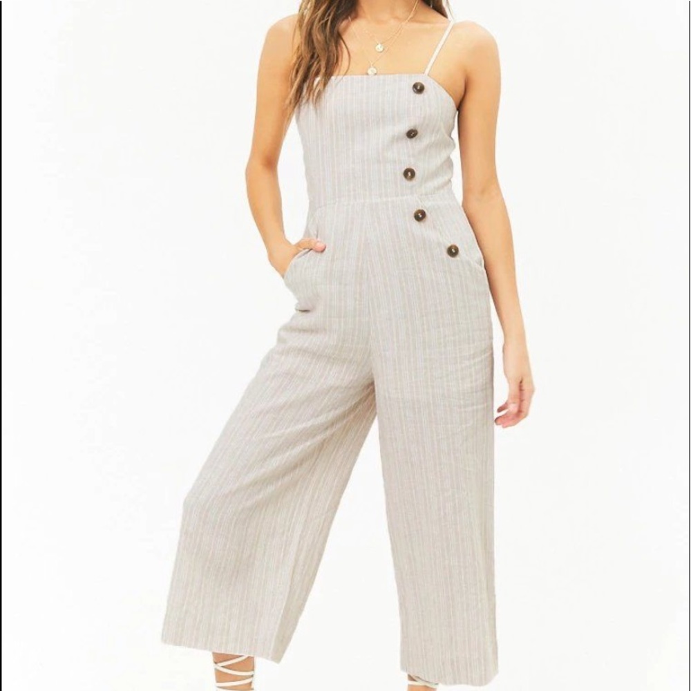Striped Linen-Blend Button Palazzo Jumpsuit